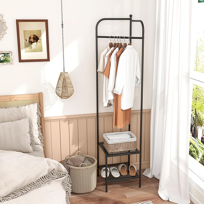 Tangkula Corner Coat Rack with Storage, Simple Hall Tree with Hanging Rod & 2 Mesh Shelves, Anti-toppling Devices, Freestanding Metal Clothes Rack Shoes Shelf Organizer for Entryway Bedroom (Black)