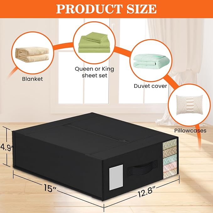 WOWBOX Sheet Organizers and Storage,Closet Bed Sheet Organizer Under Bed Storage and Organization with Label Cards & Clear Window for Bedding Sheets,Duvet Covers,Blankets (6 Pack，Black)