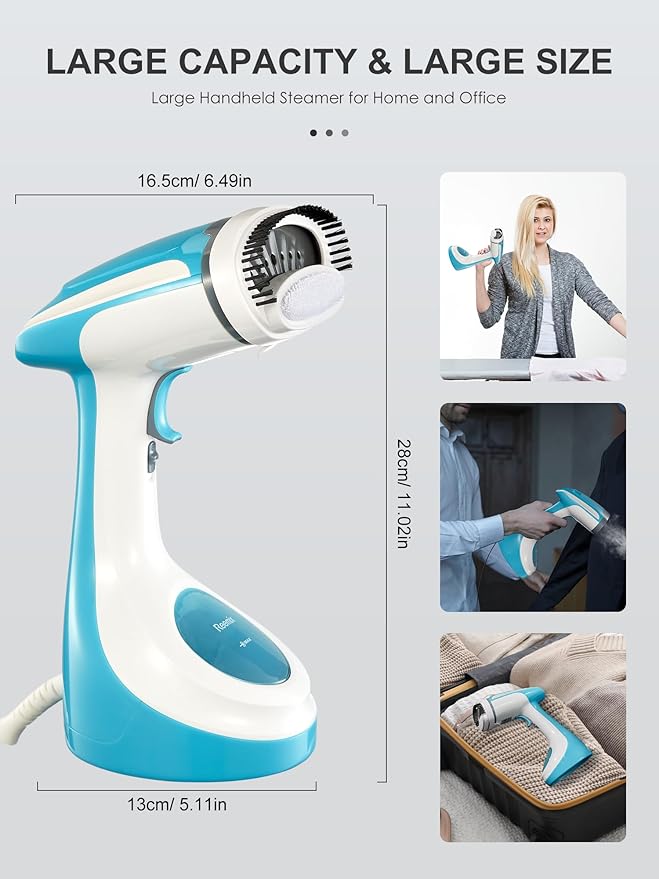 Reemix Steamer for Clothes, Folding Handheld Design Garment Wrinkles Remover, 20g/min Strong Penetrating Steam, 25-Sec Fast Heat-up, for Home, Office and Travel (Large, no Foldable, Aqua)