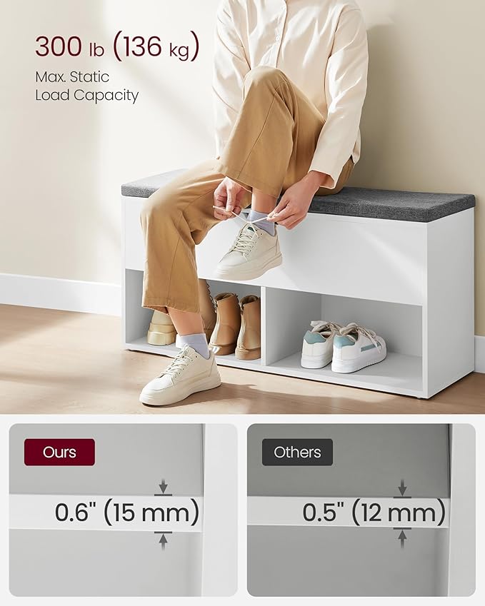 VASAGLE Shoe Storage Bench with Cushion, Entryway Shoe Rack Bench with Storage, 2 Open and 1 Hidden Compartments, for Living Room, Bedroom, White and Gray ULHS021W01