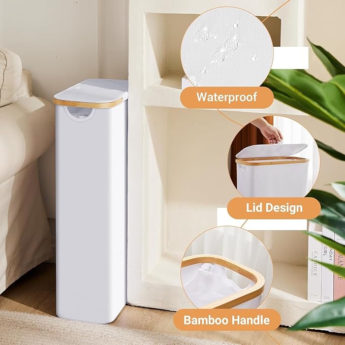 Slim Laundry Hamper with Lid by Fiona's magic, 63L Narrow Laundry Basket with Removable Bag, White Collapsible Dirty Clothes Basket, Thin Tall Storage Basket for Bathroom, Bedroom (White, 2Pack)