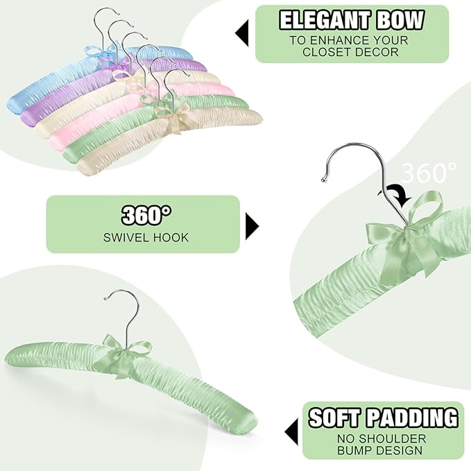 Jetec 12 Pieces Satin Padded Hangers for Women Clothing 15 Inch Satin Hangers 360° Swiveling Hook Sponge Shoulder Padded Hanger for Sweaters, Coat, Blouse, Wedding Dress, Women Cloths (Mixed Colors)