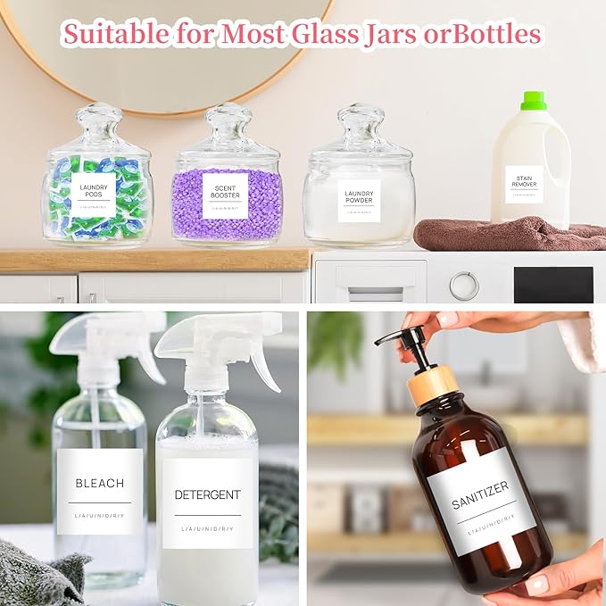 Laundry Labels for Jars,16 PCS Minimalist Laundry Room Labels,Removable Waterproof Cleaning Labels for Containers,Laundry Room Storage Organization,with 2 Blank Labels (White)