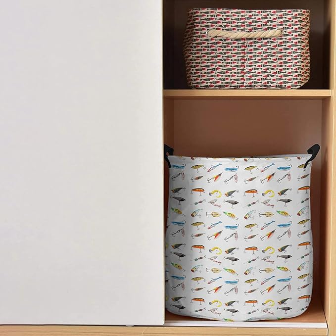 17-inch Laundry Hamper Foldable Laundry Basket, Seaside Fishing Waterproof Clothes Hamper for Bathroom Bedroom Living Room, Various Fish Hook Patterns Toy Baskets for Dollhouse