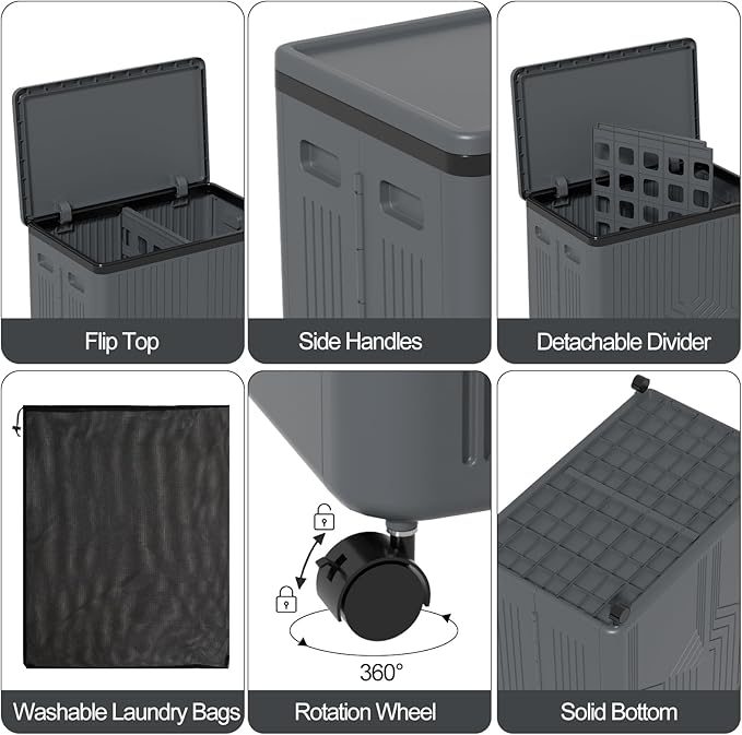 120 L Collapsible 2 Section Laundry Hamper, Plastic Rolling Laundry Basket 2 Section with Lid, Gray