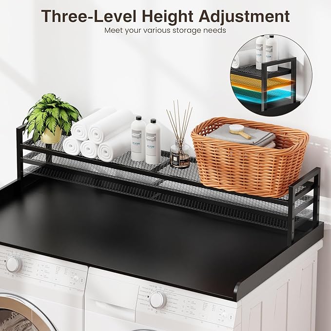 Washer Dryer Countertop with Shelf, 54" x 27.5" Wooden Washer and Dryer Topper, Laundry Countertop with Anti-Slip Pads, Washer Dryer Topper for Laundry Room Organization and Storage (Black)