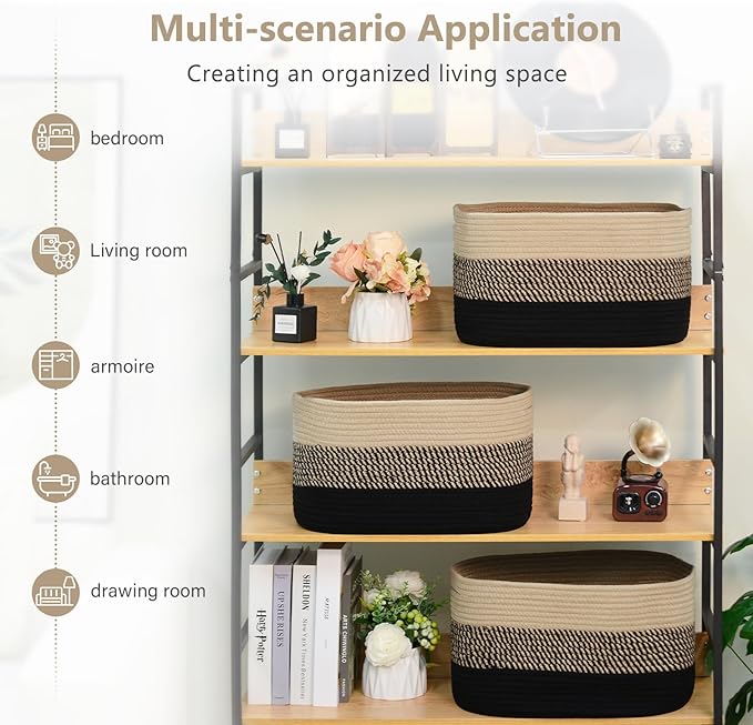 Cotton Rope Storage Basket, 15x10x9 Inches, Woven Basket for Shelves, Clothes, Towels, Books, and Laundry, Gradient Black/Brown (3 Pack)