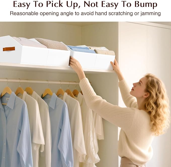 Closet Organizers and Storage Bins - 4 Pack Collapsible Divided Trapezoidal Cube Storage Bins Baskets with Orange Handle for Organizing Clothes Blankets, Toys, Books, Towels(White)