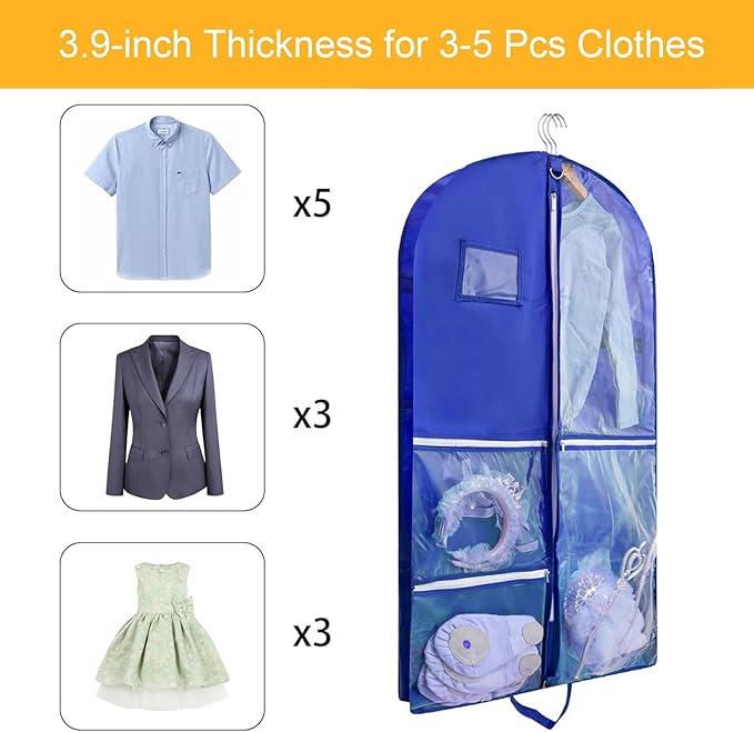 1 Pack Garment Bag for Travel Storage,Dance Costumes Competition Bag,Girls Dress Recital Dance Bag Kids Garment Bags for Hanging Clothes,Clear Cheer Uniform Garment Bag with Buckle.Blue