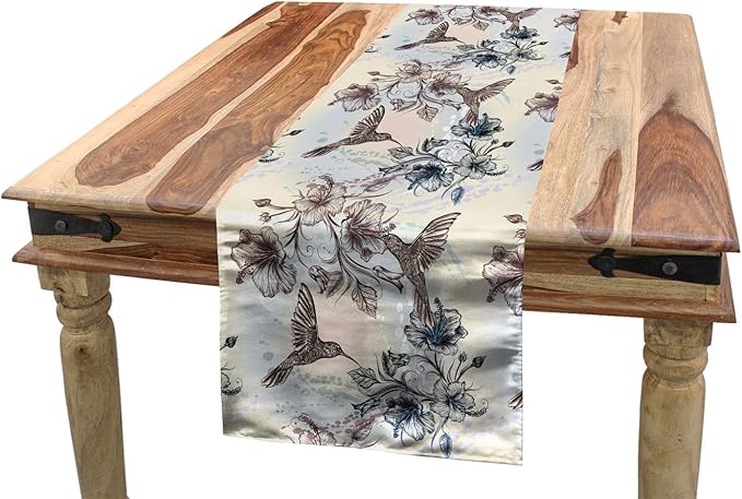 Ambesonne Hummingbird Table Runner, for Kitchen Coffee Table Decor Birds and Hibiscus Flowers Nostalgia Antique Design Classical Print, Decoraitve Dining Room Rectangular Runner, 16" X 72", Teal Brown