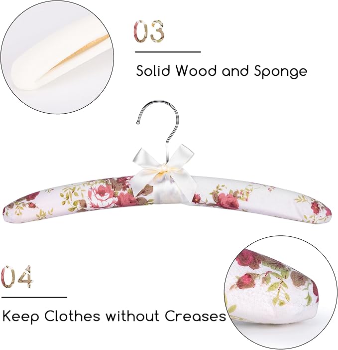 NEOVIVA Padded Hangers for Women Clothing, Floral Clothes Hangers, No Shoulder Bump Hangers for Adult, Padded Clothes Hangers for Women Sweaters, Dresses, Suits (Pack of 5)