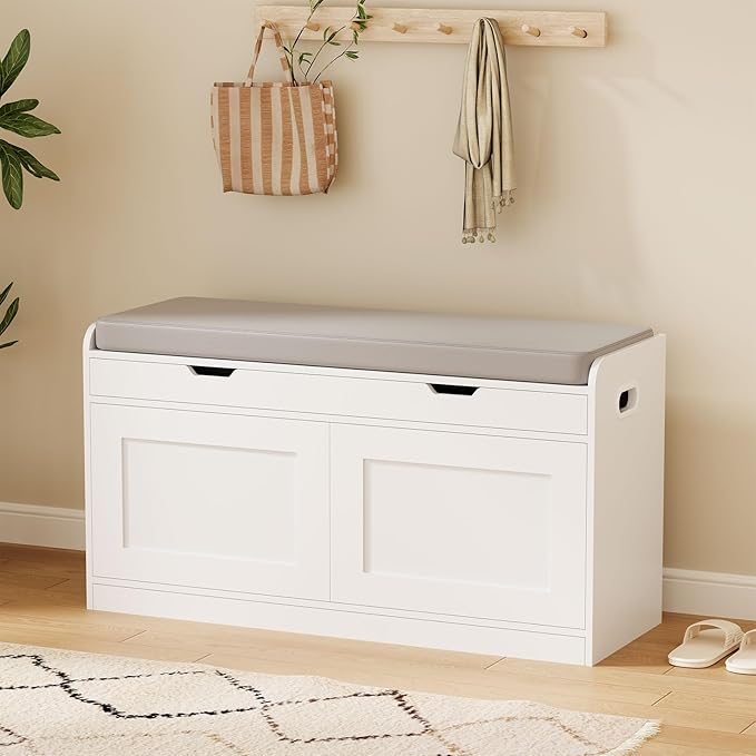 2-Tier Storage Bench, 39.4" Wide Shoe Bench with Lift-Up Top, Shoe Storage Bench with Cushion, Shoe Cabinet with Handleless Doors and Adjustable Shelf for Entryway, Bedroom, White KHD02W