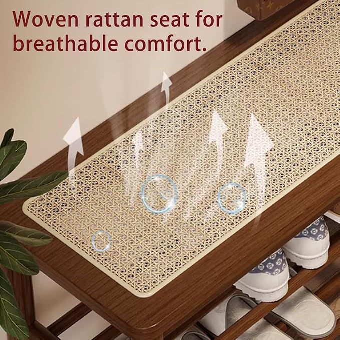 latifolia Shoe Rack Bench, 3-Tier Bamboo Shoe Bench with Breathable Rattan Seat Cushion, Shoe Storage Rack for Entryway(Walnut,31.50''L)