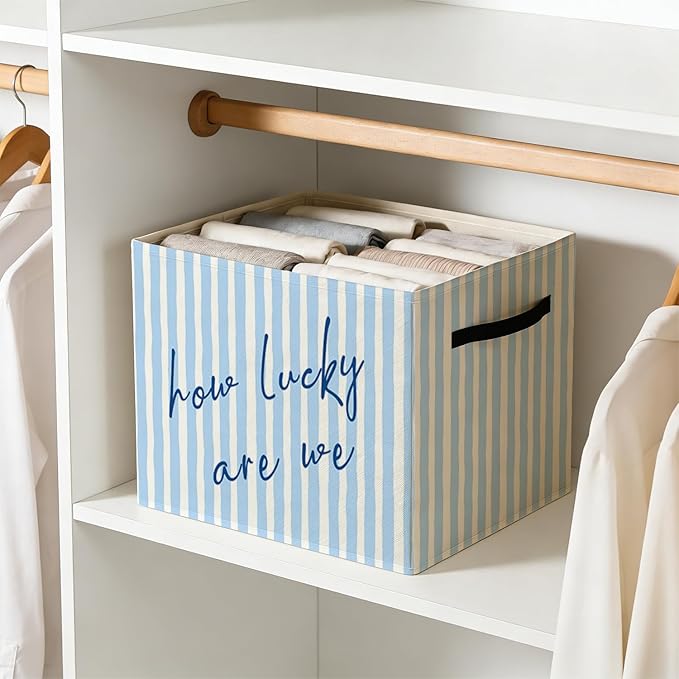 Blue Preppy Inspirational Storage Bin Box with Handles, How Lucky Are We Trendy Striped Foldable Baskets Organizer for Girls Bedroom Bathroom Clothes Toys Books, Toybox for Girls