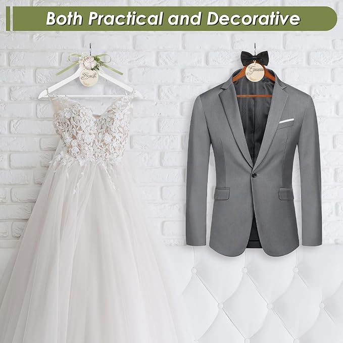 Bride & Groom Hanger with Personalized Name Tags, 2 Pack Dark Wood & White Wood Bridal Dress Hanger for Wedding Day Photos & Gift (Pink & White)