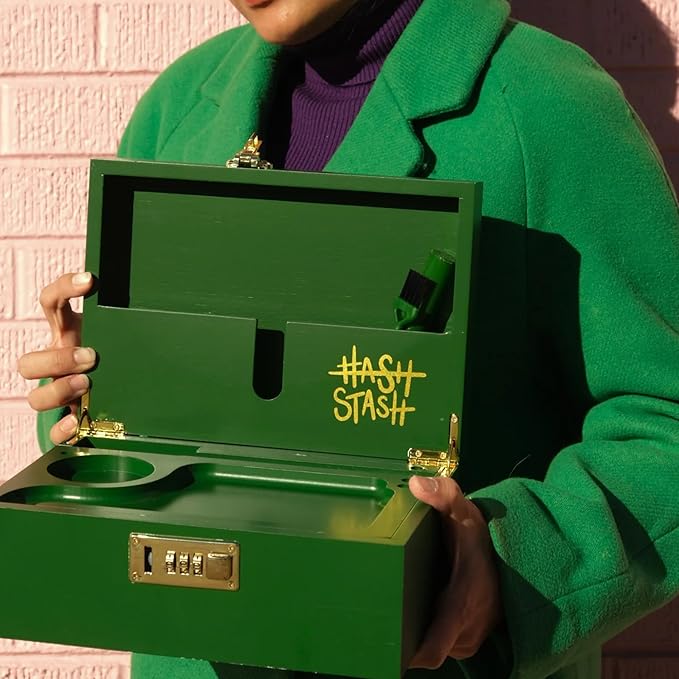 The OG Stash Storage Box - Large Bamboo Box with Combination Lock, Magnetic Lid, Organizer Tray, 3 Jars and Brush - Portable Decorative Wooden Lock Kit with Accessories (Green/Gold)