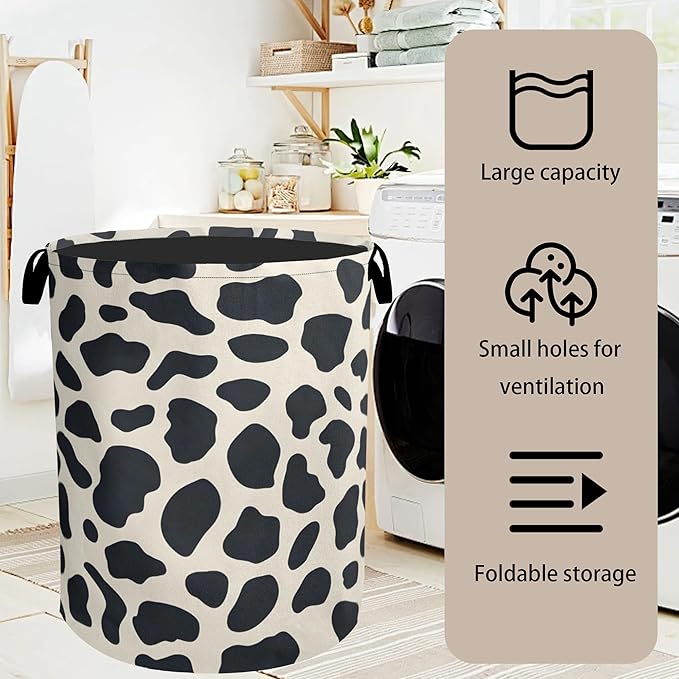 Cow Pattern Laundry Basket with Handles - Extra Large Foldable Hamper for Bathroom/Laundry/Bedroom/Dorm, Washable Fabric Storage Bin