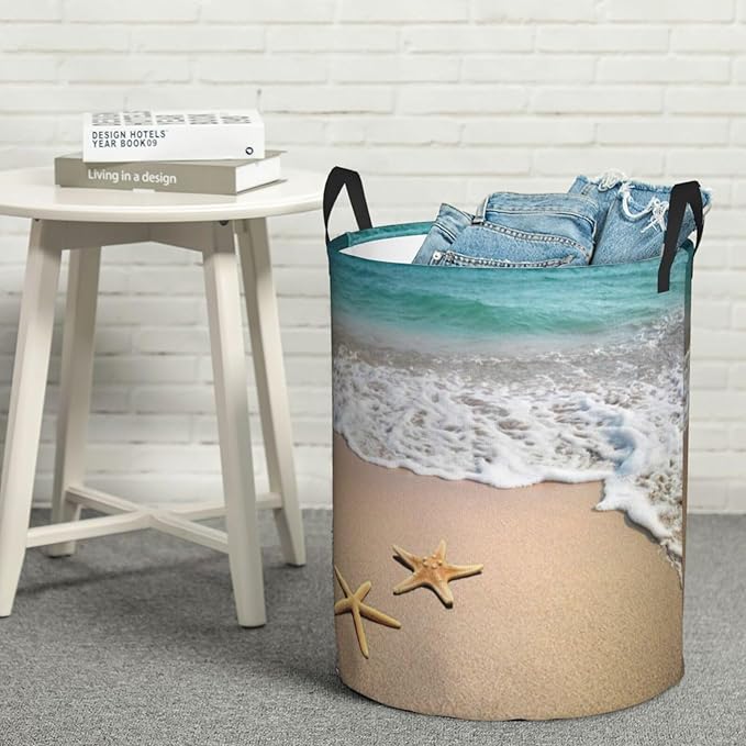Laundry Basket Beach Starfish Room Decor,Round Laundry Hamper Waterproof Dirty Clothes Hamper Collapsible Laundry Baskets With Handles,Toy/Clothes Storage Beach Towel Basket For Dorm Bathroom Decor