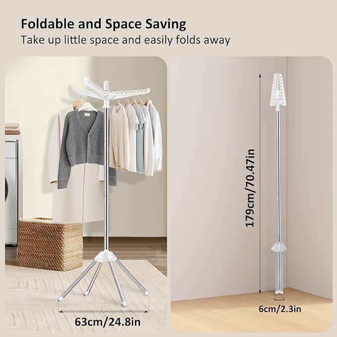 SUYU Clothes Drying Rack, Foldable Drying Rack Clothing, Laundry Drying Rack, 59-Inch Indoor Clothes Airer with 3 Rotatable Arms, Stainless Steel,4 Legs,White and Silver SNJ101