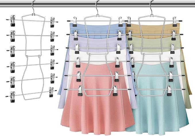 Pants Hangers,Space Saving one Pack Metal 6 Tier with Clips Holds 12 Skirts/Pants/Jeans/Shorts, w/360°Rotating Hook, Skirt Hangers Space Saving Closet Organizers and Storage (2PCS)