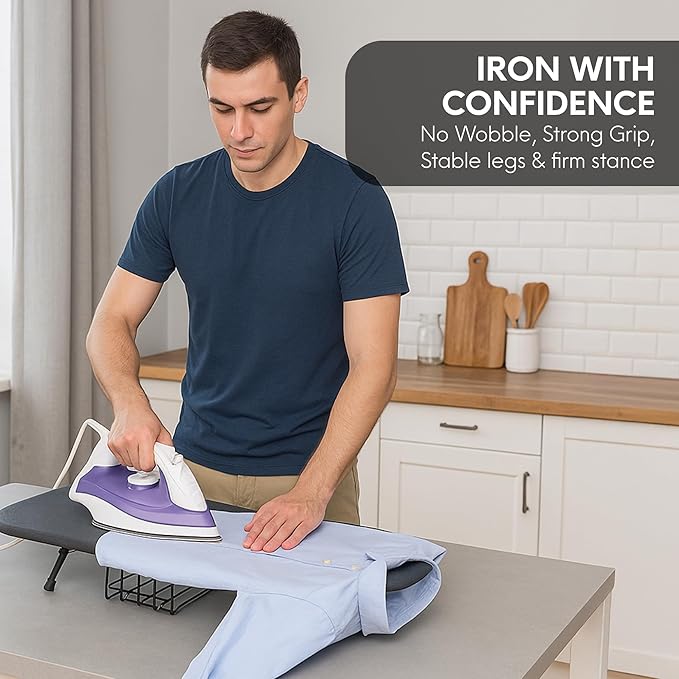 Ironing Board with Cover and Pad – Small Folding Board, Compact Tabletop Ironing Board Foldable with Padding, Portable Adjustable Heavy Duty Iron Board with Iron Holder for Clothes and Laundry