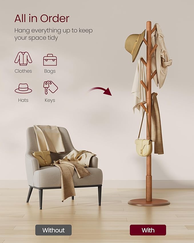 VASAGLE Solid Wood Coat Rack, Free Standing Hall Coat Tree with 8 Hooks, 3 Height Options, for Coats, Hats, Bags, Purses, for Entryway, Hallway, Rubberwood Hooks and Pole, Caramel Brown URCR009W01