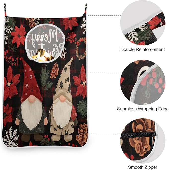 Checkered Christmas Floral Gnomes Hanging Laundry Hamper Door Hampers Bag Basket with Stainless Steel Hooks Oxford Fabric Printing Decorative Clothes Bags 29.5X20inch 1Pack