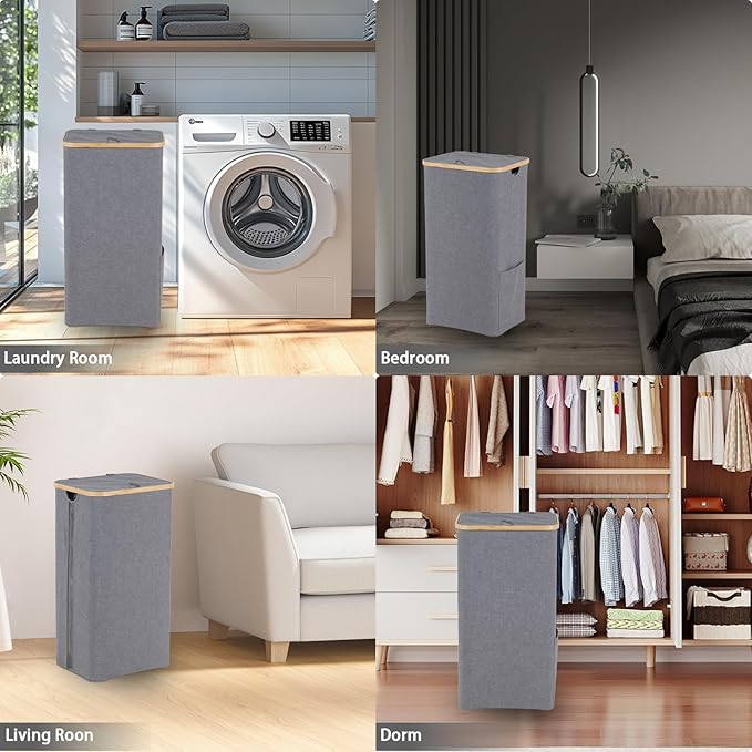 100L Laundry Basket with Lid, Clothes Hampers for Laundry with Bamboo Handles Large Foldable Laundry Hamper with Removable Inner Bag for Laundry Room, Bathroom, Bedroom and Dorm - Grey