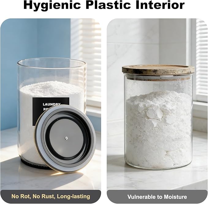 2 Pack 1 Gallon Glass Laundry Detergent Dispenser for Powder, 4L Large Laundry Pods Holder with Hygienic Plastic Lids & Metal Rim, Airtight Glass Canister Set with Scoops & Labels (Gold)