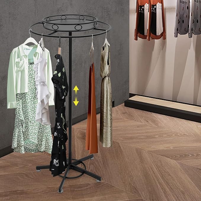 Round Garment Rack Floor Standing Rotating Clothes Hanging Rack with Topper 3.38-5.02ft Height Adjustable Retail Display Stand Metal Commercial Clothing Organizer Stand (Black)