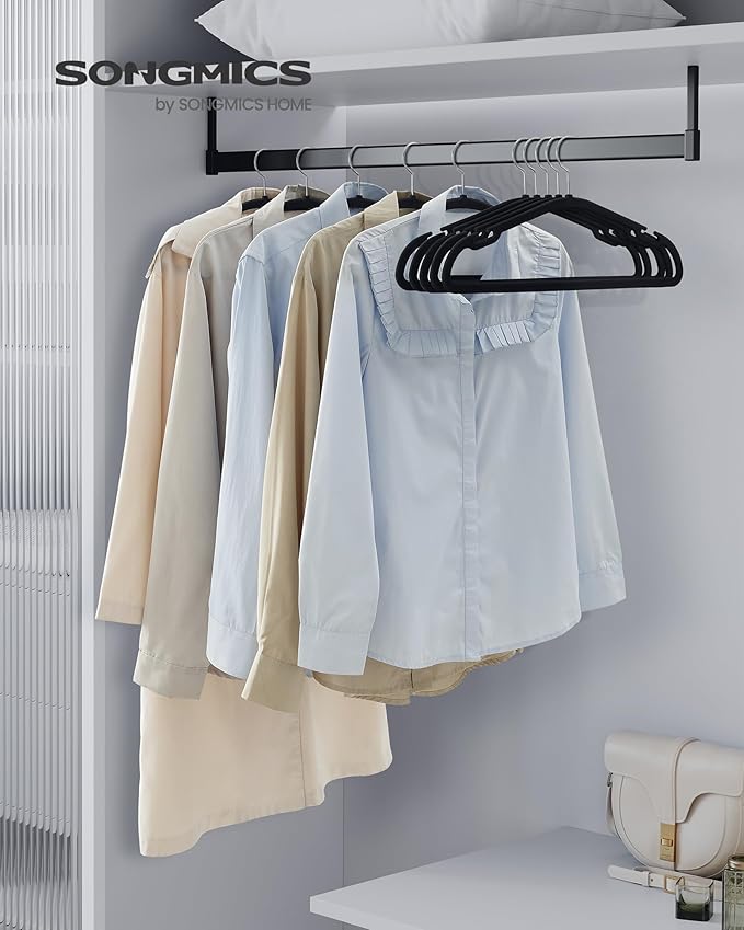 SONGMICS Velvet Hangers 50 Pack, Non-Slip Clothes Hangers, 17 x 8.3 Inches, Coat Hangers with Wide Shoulder Notches, Pants Bar, 360° Swivel Hook, Space-Saving, for Closet, Ink Black UCRF039B03