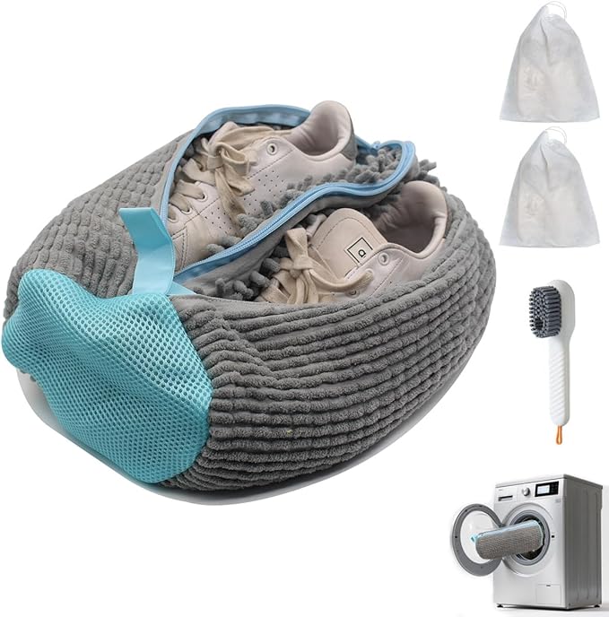 Shoe Washing Machine Bag,Mesh Shoe Washing Bag for Washing Machine - Large Size Fits various Shoes, Chenille Fabric Protection, Zipper Laundry Bag for Sneakers (1 Pcs) (Grey and Blue)