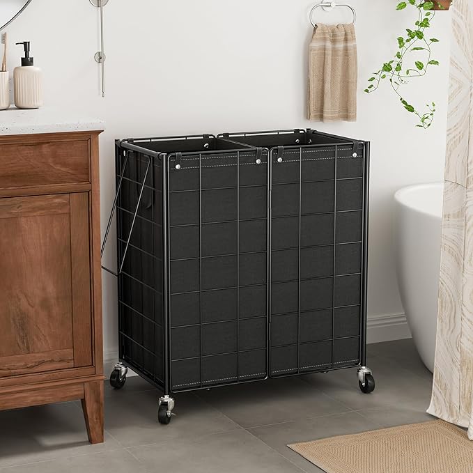 WOWLIVE Double Laundry Hamper with Wheels,Metal Wire Frame Rolling Laundry Basket with 2 Removable bags,120L Dirty Clothes Hamper Organizer Dorm Room Storage for Bedroom,Bathroom,Black