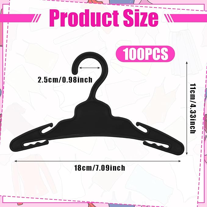 Soulchen 100 Pcs Doll Clothes Hangers for 18 Inch Dolls, Plastic Clothes Hangers with Non-Slip Clips, Space-Saving Wardrobe Accessories for Gown Dress Outfit (Black)