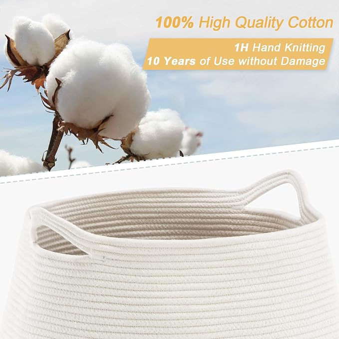 Cotton Rope Laundry Hamper by YOUDENOVA, 105L - Woven Collapsible Basket Clothes Storage for Blankets, Room Organizing, Bedroom Storage, – Brown & White