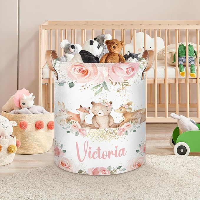 Personalized Laundry Basket, Custom Gift Laundry Hamper, Collapsible Nursery Waterproof Laundry Baskets, Dirty Clothes Toy Hamper with Handles Pink Floral Bear Fox