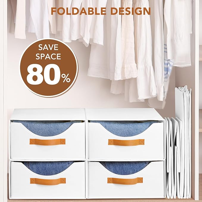 4 Pcs 16.5" Closet Drawers and Large Size Clothes Storage Bins Push-Out Storage Stackable Shelf Drawers with See-Through Window Closet Organizers for Bedroom, Living Room, Under Bed, White