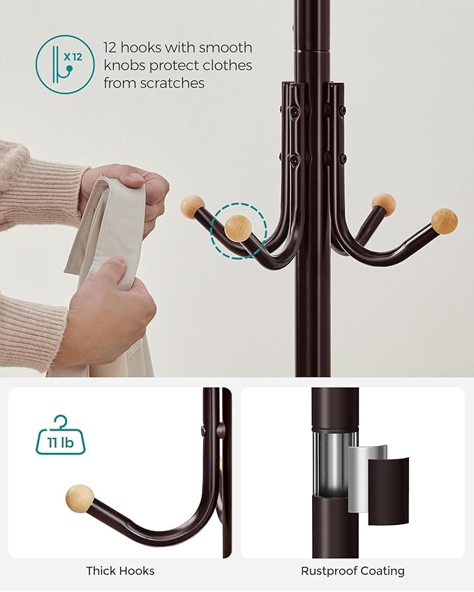 SONGMICS Coat Rack Freestanding, Metal Coat Rack Stand with 12 Hooks and 4 Legs, Holds Clothes, Hats, and Bags, for Entryway, Living Room, Bedroom, Brown URCR031Z01