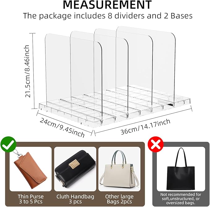 Bag & Purse Organizer for Closet Stackable Acrylic Shelf Dividers for Closet Organization, Clear Handbag Purse Storage Organizer Divider, Keep Clutch, Wallet, Pocketbook Upright, 2 Pack