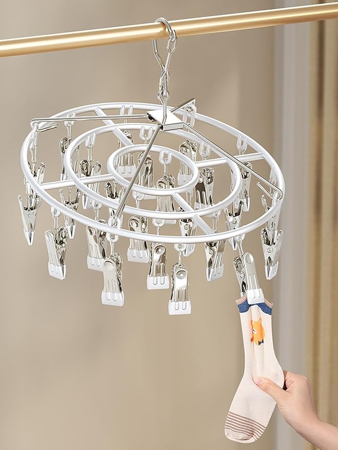 Drying Rack for Sock, Stainless Steel Sock Drying Rack with 24 Clips, Swivel Hook Windproof Hanger for Sock, Bras, Towel, Underwear, Laundry, Hat, Scarf, Pants, Gloves (Gray)