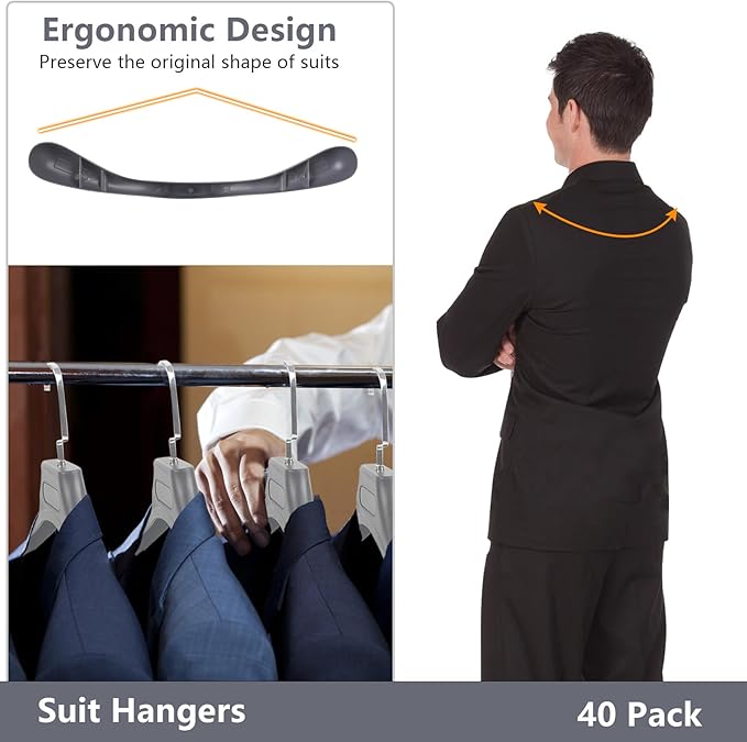 DEDU Suit Hangers for Men 40 Pack, Extra Wide Suit Hanger Non Slip Width 17.7", Thick Plastic Coat Hangers Grey with Metal Hook