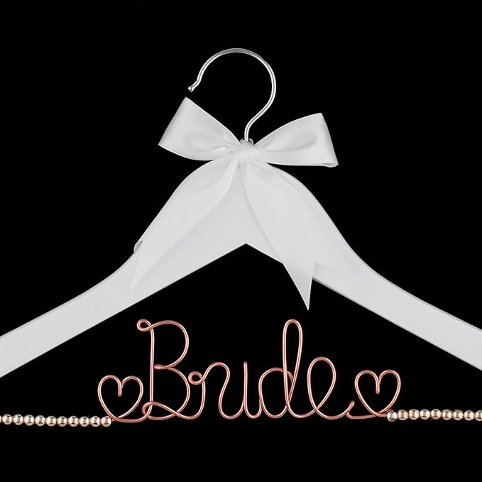 Ella Celebration Bride to Be Wedding Dress Hanger Wooden and Wire, Accented with Beads and a Bow Bridal Hangers for Brides (White with Rose Gold Wire and Rose Gold Beads)
