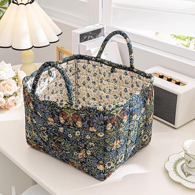 Quilted Fabric Basket Car Storage Basket Boho Floral Laundry Hamper for Nursery Bedroom & Living Room | Organize Clothes Toys