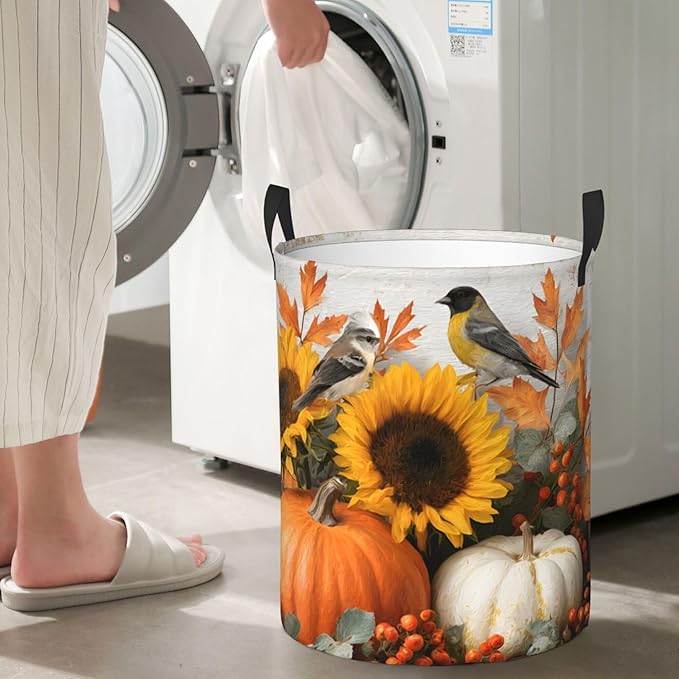 Fall Harvest Laundry Hamper, Decorative Sunflower Pumpkin Design, For Bathroom/Laundry Storage/Bedroom 19.6x15.7 Inch