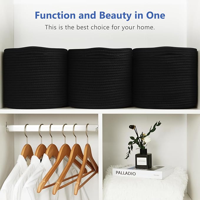 Cotton Rope Storage Basket, 15x10x9 Inches, Woven Basket for Shelves, Clothes, Towels, Books, and Laundry, Black (2 Pack)
