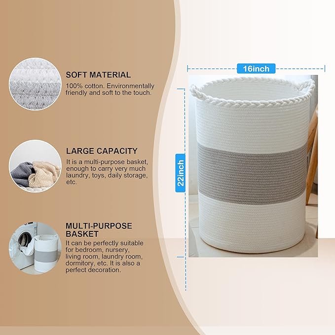 72L Woven Laundry Basket,Tall Wicker Laundry Basket for Blankets,Clothes,Pillows,Toys,Shoes Large Cotton Laundry Hamper for Bedroom,Living Room,Bathroom