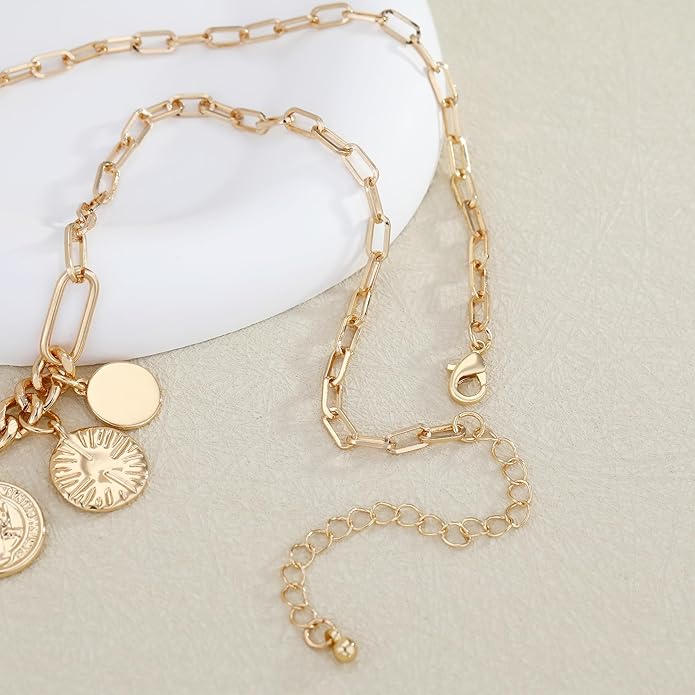 Chunky Gold Necklace for Women Gold Evil Eye Cowboy Pendant Necklace Dainty Paperclip Chain Vintage Luck Amulet Choker Necklaces Celestial Jewelry Gift