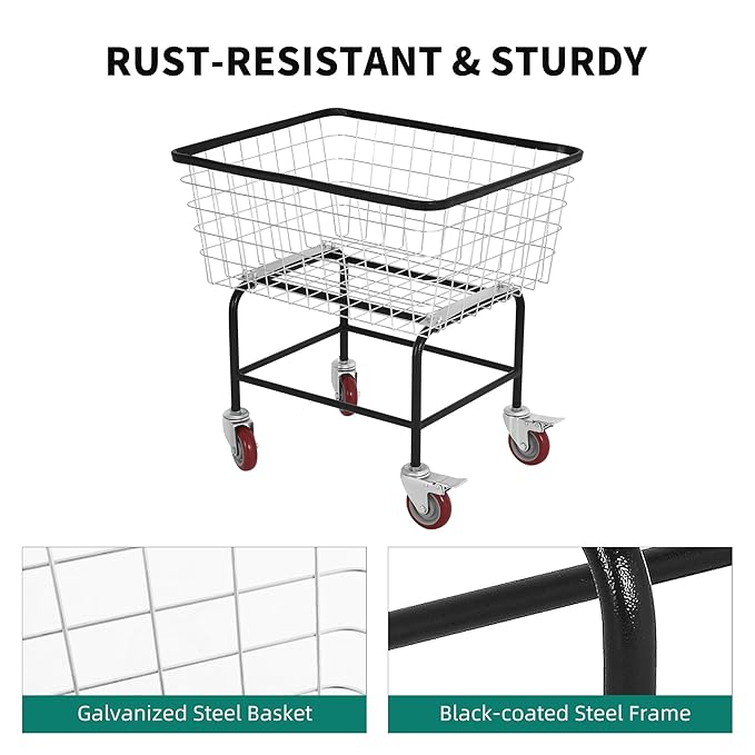 Wire Laundry Cart with Wheels, 2.5 Bushel Rolling Laundry Basket, Commercial Basket Carts for Laundry Room, Hotel, Home, Apartment Use, Durable Steel Frame with Galvanized Finish, 5" Casters