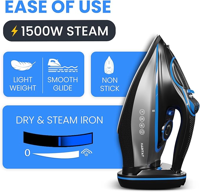 Xabitat Luxury Cordless Iron | 1500W Steam Iron | Anti Drip | Thermal Protection Technology | Nonstick Ceramic Soleplate | 2-in-1 Cord/Cordless | Adjustable & Vertical Steam Controller | Auto Shut-Off