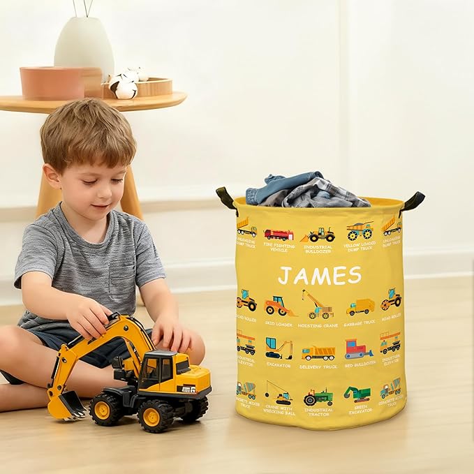 Personalized Laundry Hamper | Custom Name Excavator Design Laundry Baskets | 12 Colors Option | Gifts for Clothes Toy Bathroom Bedroom Laundry Room Dorm